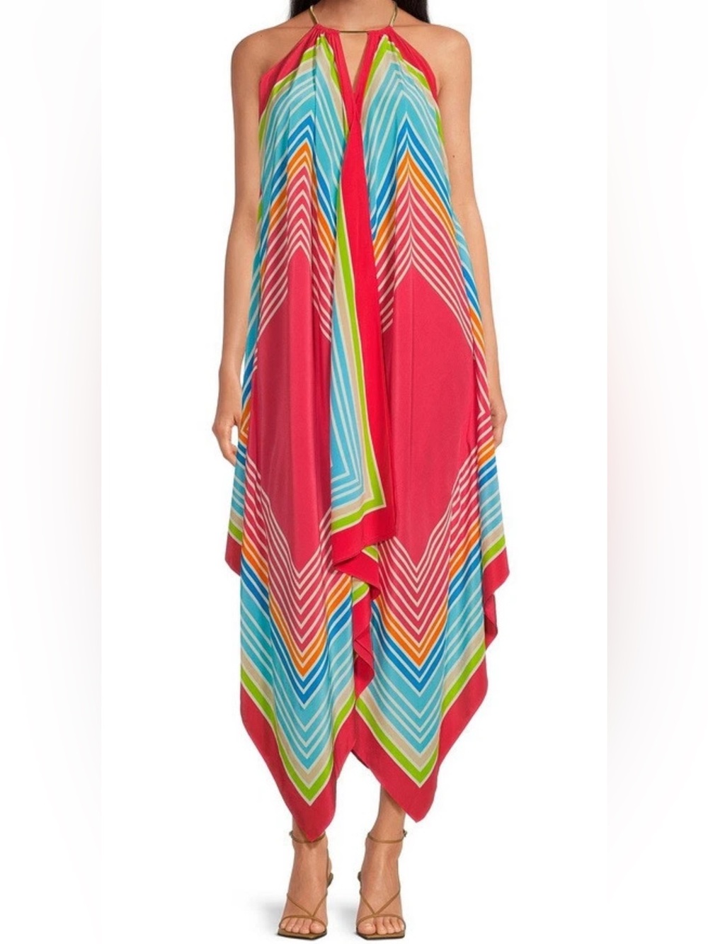 Trina Turk Justinian Halter Dress 100% Silk Multicolor Handkerchief Hem Sz L*E3